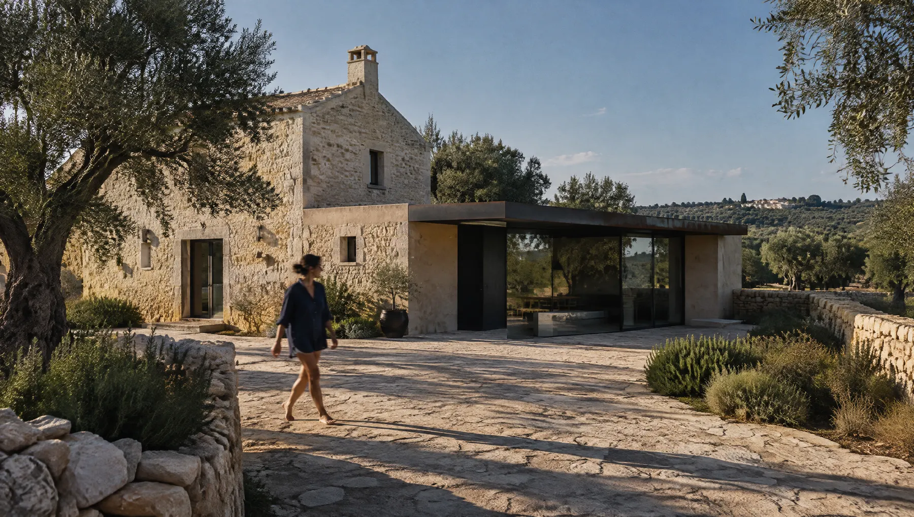 Farmhouse and new volume, woman crossing courtyard