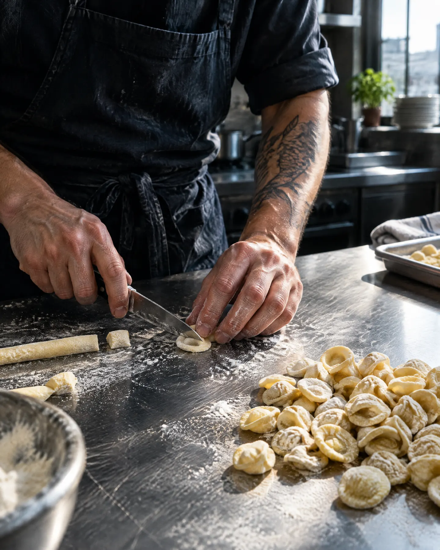 Hands making orecchiette on steel
