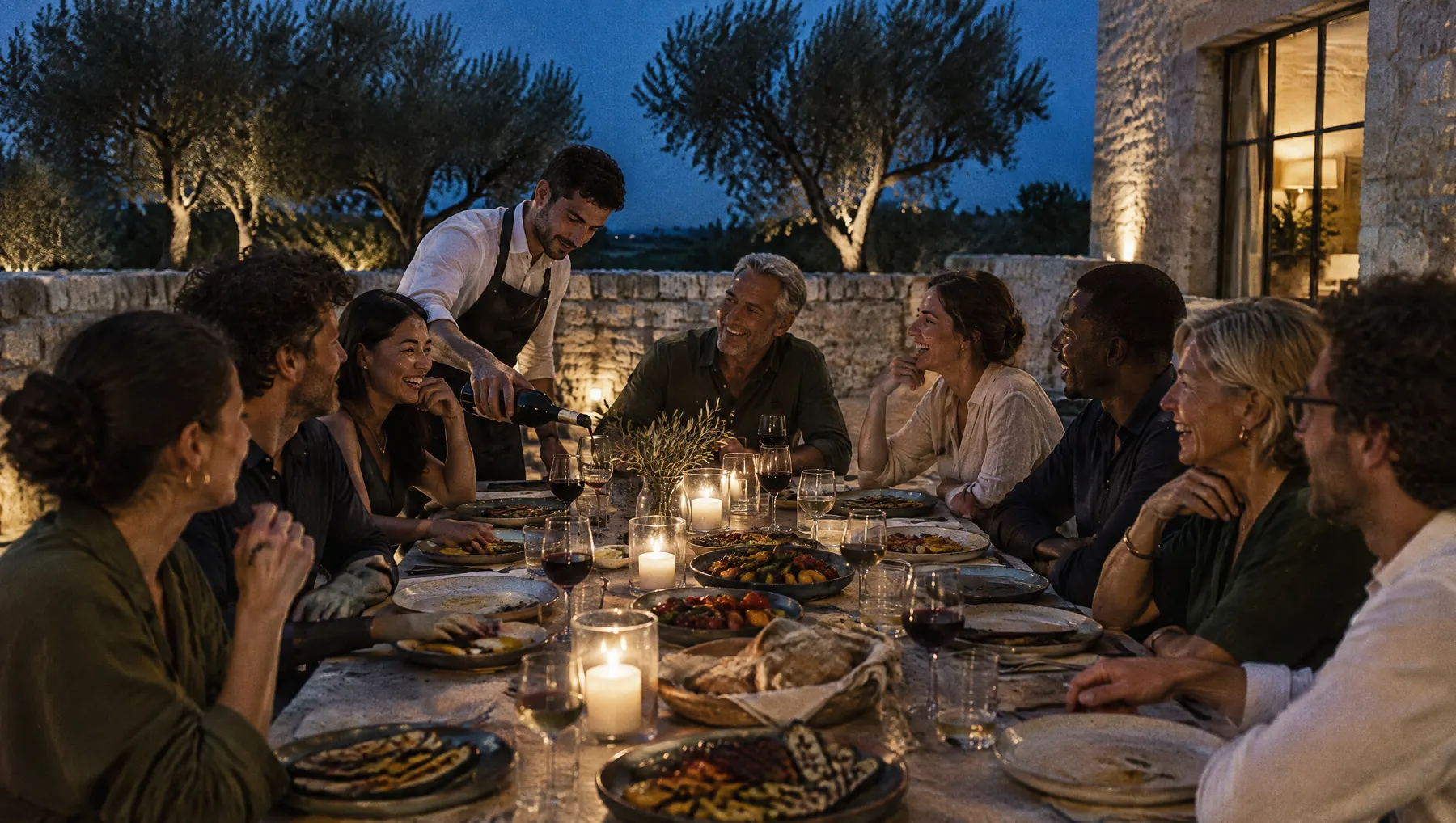 Courtyard dinner at blue hour