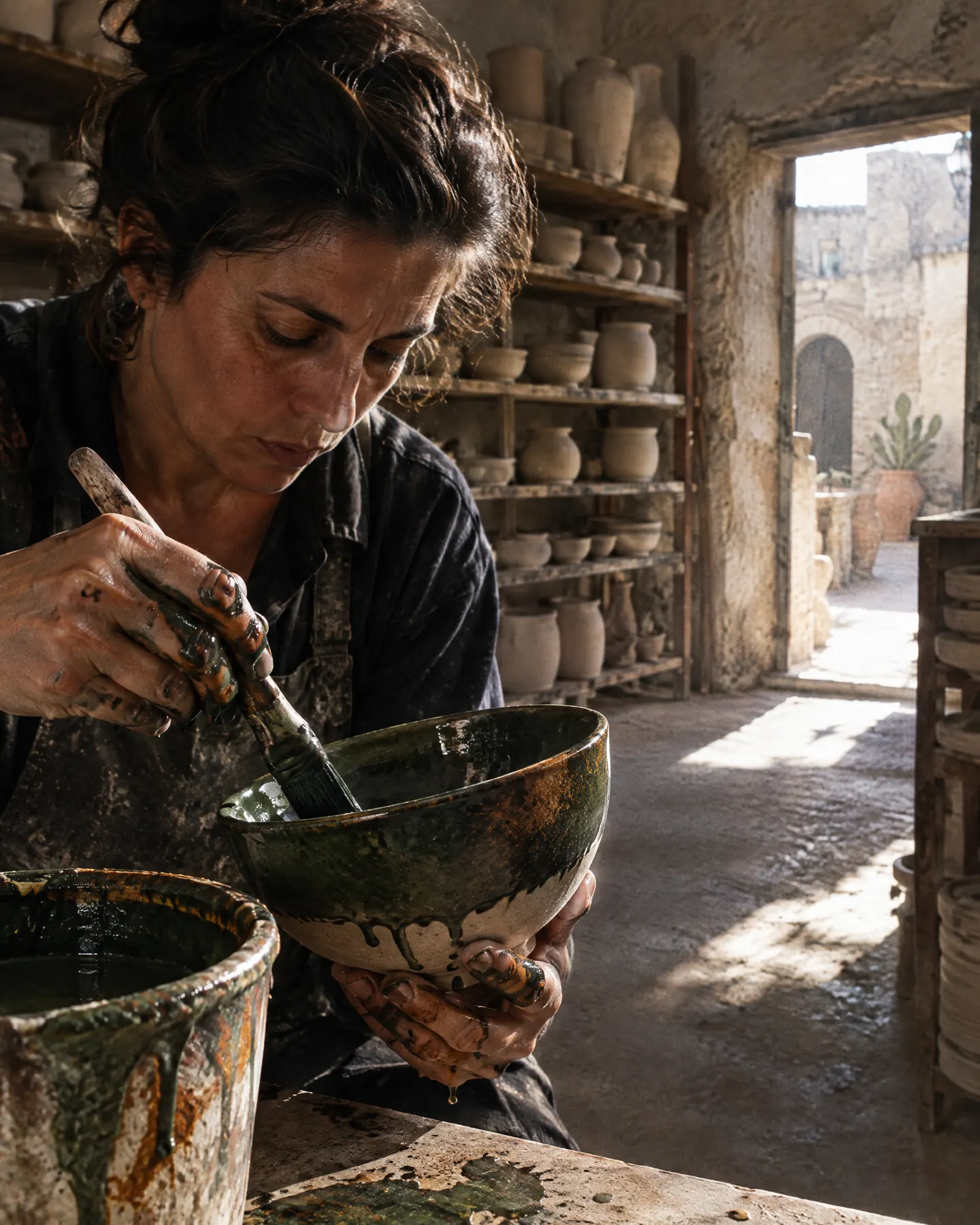 Ceramicist glazing a bowl
